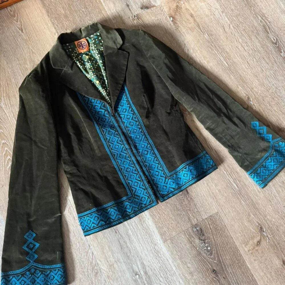 Tory Burch Green Blue Velvet Embroidered Cotton Blend Jacket Size XS/S ( 0 / 2 )